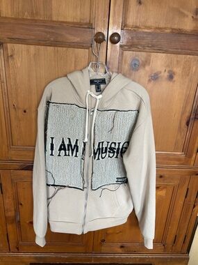 Forever 21 Beige Zip-Up Hoodie Sweater with I AM MUSIC Front Panel.
